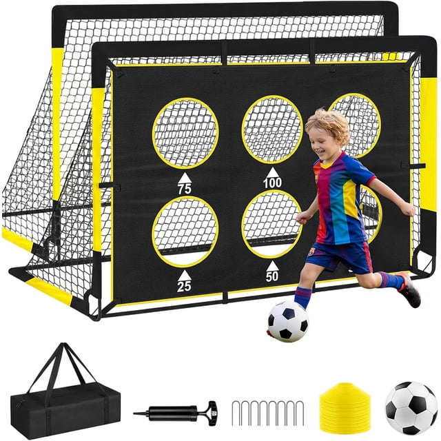 Wumubs Set de 2 Porterías de Fútbol para Niños de 6x4 Pies, Equipo de Entrenamiento con Pelota y Objetivos, Red de Fútbol para Niños de 3 a 12 Años, Juegos Deportivos al Aire Libre