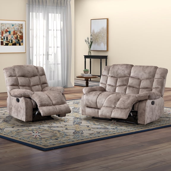 Bonzy Home Recliner Chair Loveseat Living Room Furniture Set Adjustable Backrest, Manual Recliner Chair Sofa Couch Set Camel