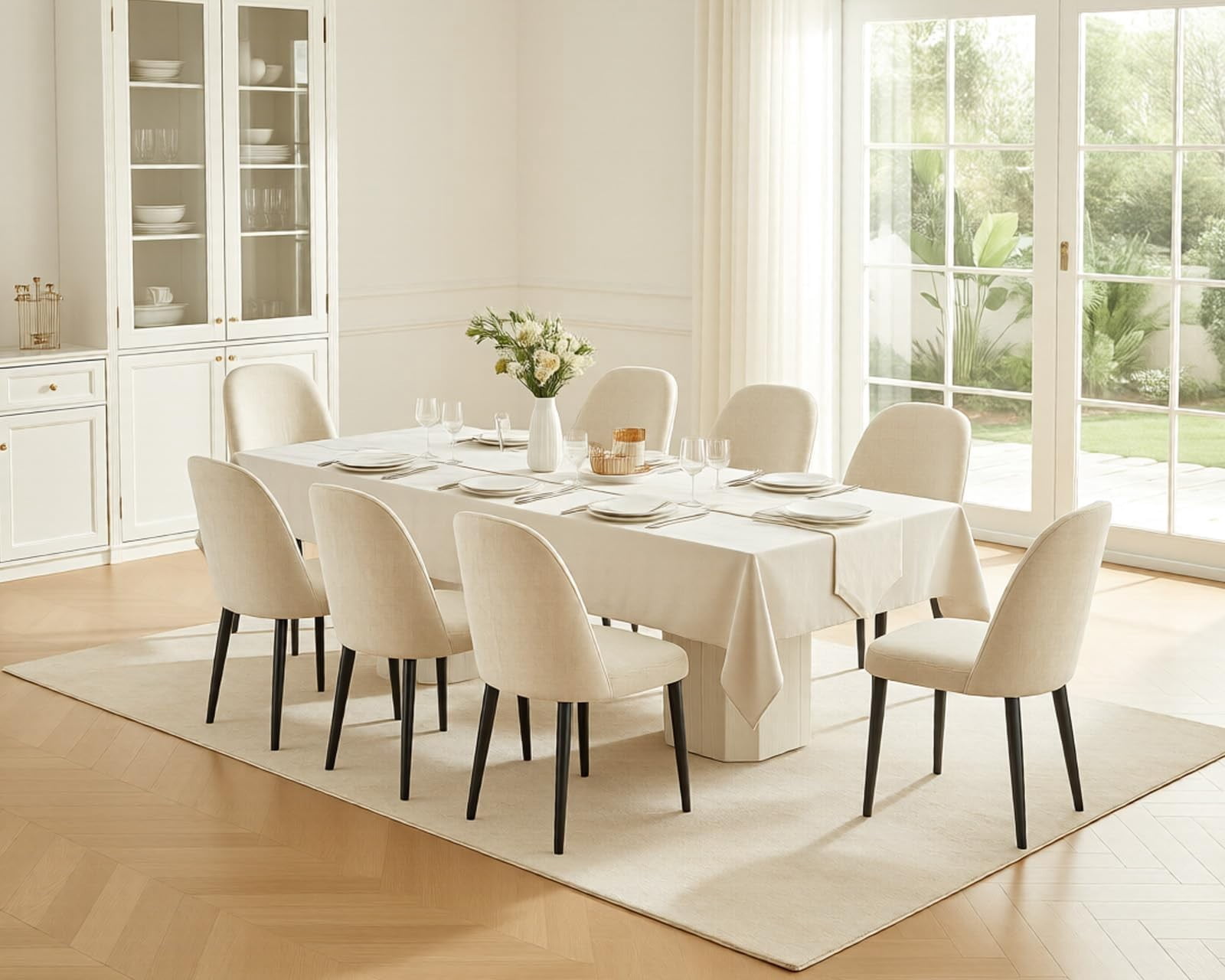 Fabric Dining Chairs Set of 4, Beige Upholstered Kitchen Chairs with Ergonomic Backrest and Metal Legs, Modern Armless Side Chairs for Dining Room, Restaurant, Living Room & Meeting Room