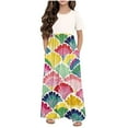 thumbnail image 2 of SGFCWSX Girls Short Sleeve Maxi Dress Kids Casual Vintage Print Crewneck A-Line Dress with Pockets for Summer Vacation Wear White Size 9-10 Years, 2 of 5