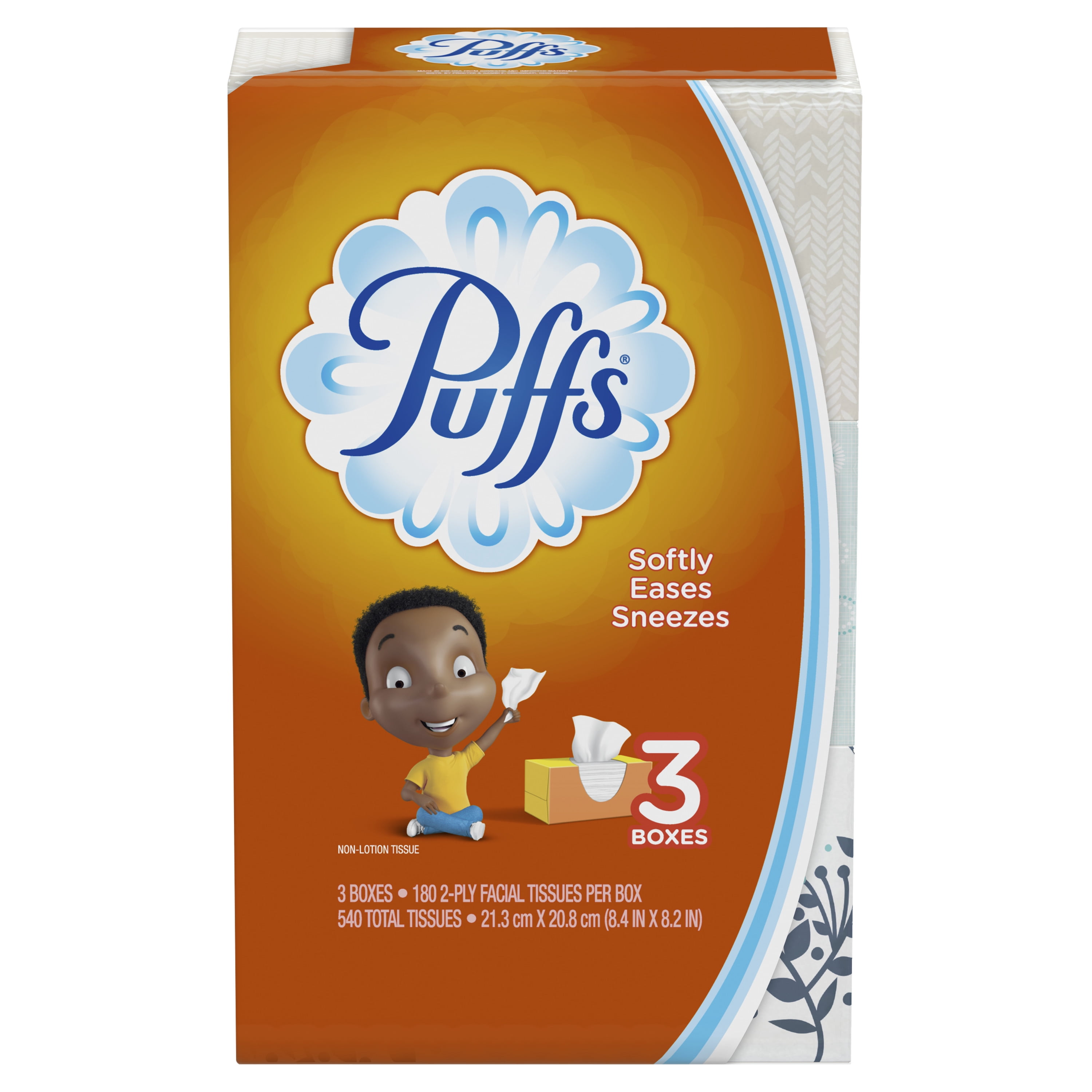Puffs Everyday Non-Lotion Facial Tissue, 3 Family Boxes, 540 Tissues