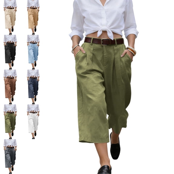 MLCDZ Women's Capri Palazzo Pants High Waist Wide Leg Baggy Lightweight Summer Beach Golf Camping Trendy Chino Cropped Trouser with Multiple Pockets