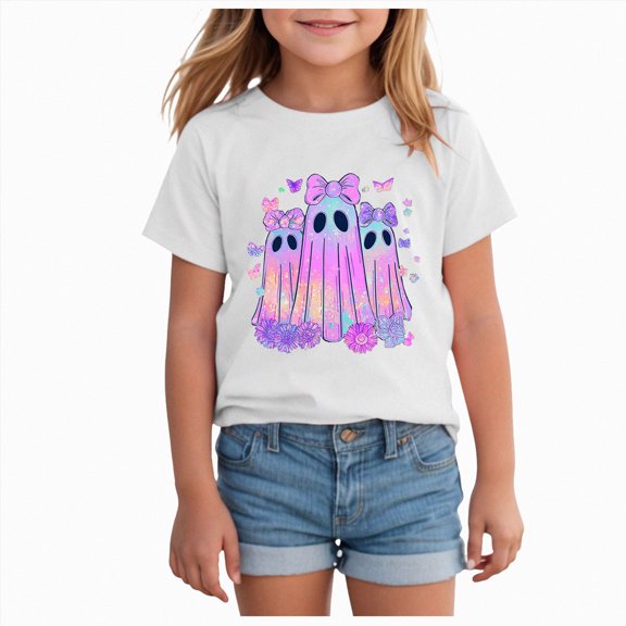 mgoYE Girls Halloween Shirt Cute Pumpkins Ghost Cotton Short Sleeve Tees 2-12 Years(White,10-11 Years)