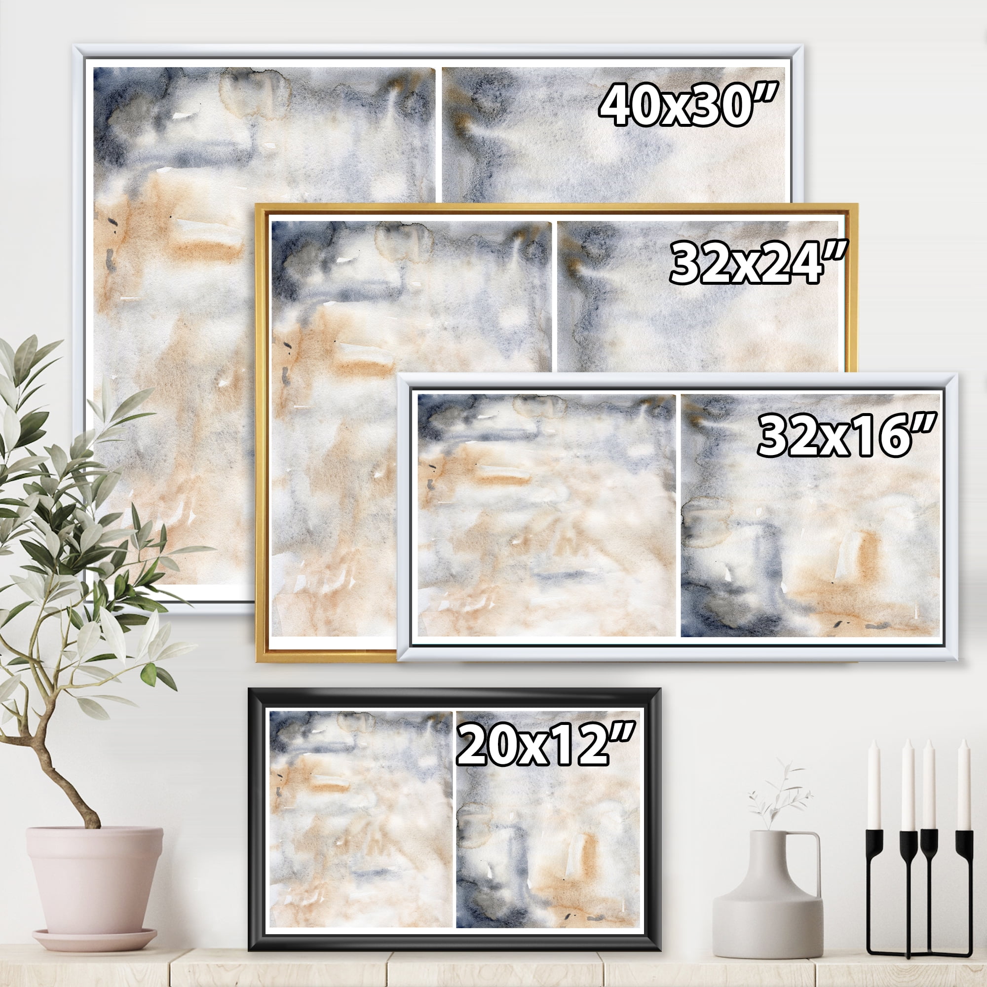 Abstract Paste With Dark Blue and Beige 20 in x 12 in Framed Painting Canvas Art Print, by Designart