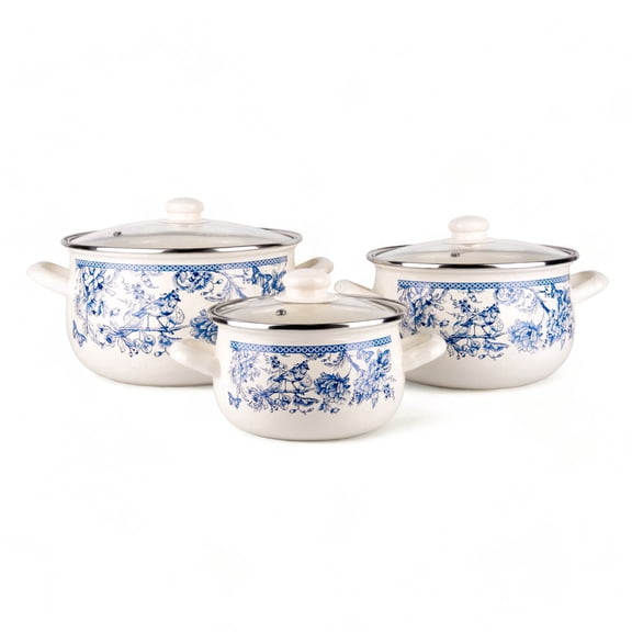 STPgoods Enameled Aluminum Belly Deep Stock Pot with Glass Lid Set of 3 Bird of Paradise Vintage Cooking Pot Set 2.2 Qt 4 Qt and 6.55 Qt Enamel Soup Pots