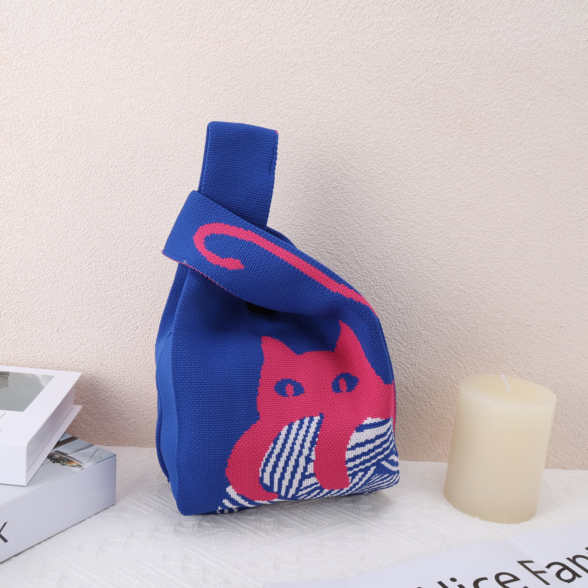 Unique Bargains Practical and Cute Design Stylish Cat Knitted Wrist Bag Dark Blue