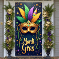 thumbnail image 5 of Golden Mask Mardi Gras Banner Green Yellow Feathers Carnival Display Colorful Balloons Triangular Flags Festival Backdrop for Mardi Gras Party Carnival Celebration Masquerade Ball, 5 of 9