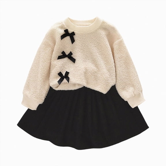 WXFAZCVU Girls 2 Piece Outfits Bow Long Sleeved Top and Skirt Set Fall Fashion Clothing Size 6 Years