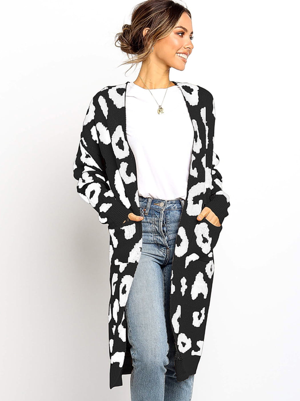 Women's Long Sleeve Leopard Print Cardigan Open Front Draped Duster Loose  Knit Sweater with Pockets - Walmart.com