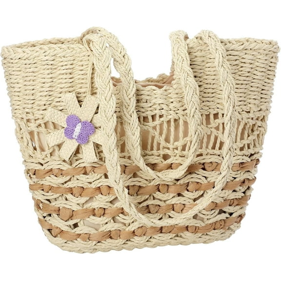 omlopp Beach Bags for Women, Summer Straw Bag, Woven Straw Beach Tote Bag Shoulder Handbags(Beige,Flower)