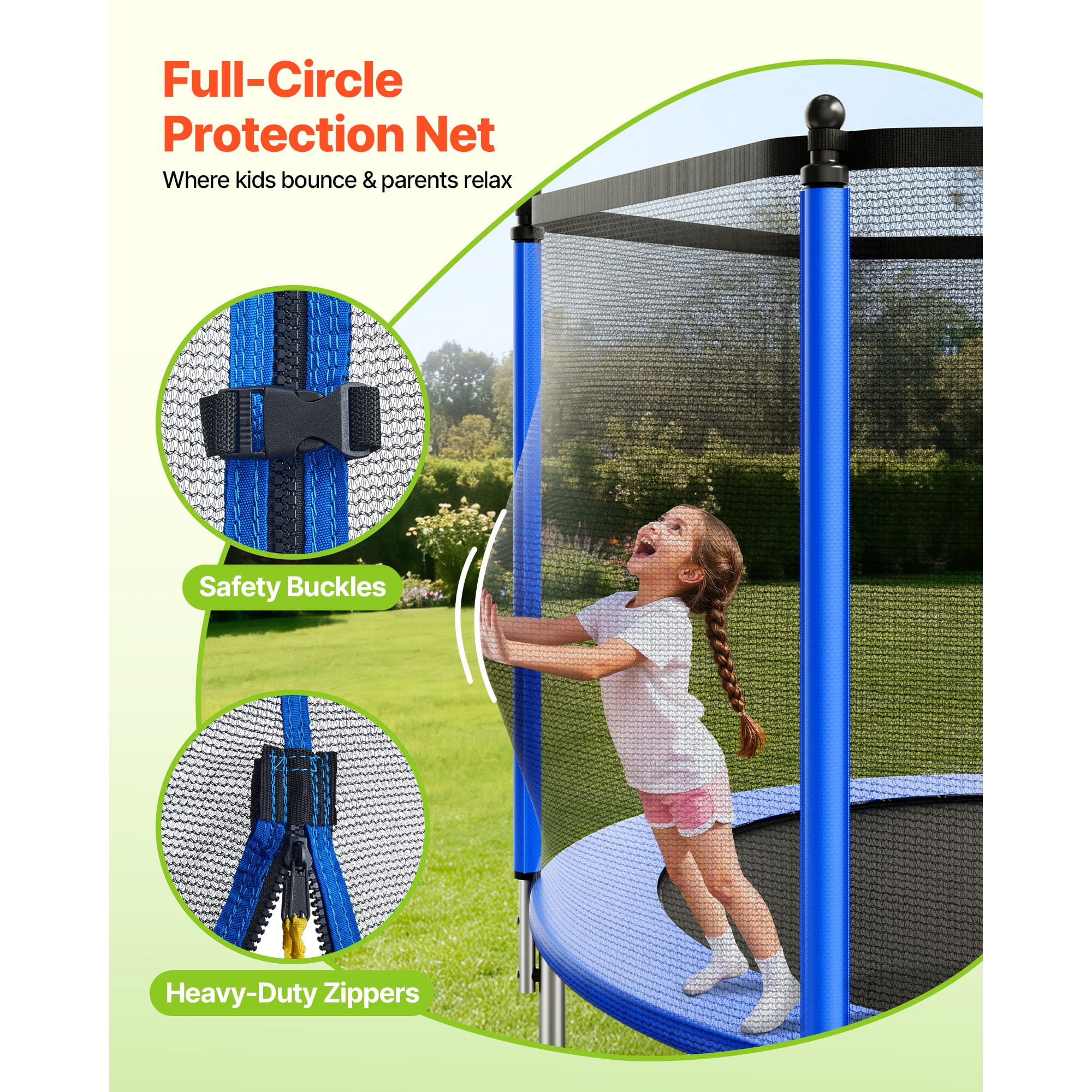 KFFKFF 8FT Outdoor Trampoline with Safety Enclosure, ASTM Certified, Durable Frame, 265 lbs Capacity, Rust-Resistant Design for Backyard Fun for Kids and Adults