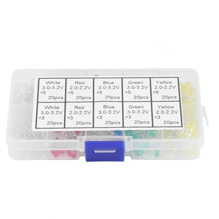 YAHHU 200Pcs 3mm 5mm Red Yellow White Green Blue Assortment Emitting LED Diodes Light Kit Set for Electrical Appliances DIY and Repair Equipment, 200 Count