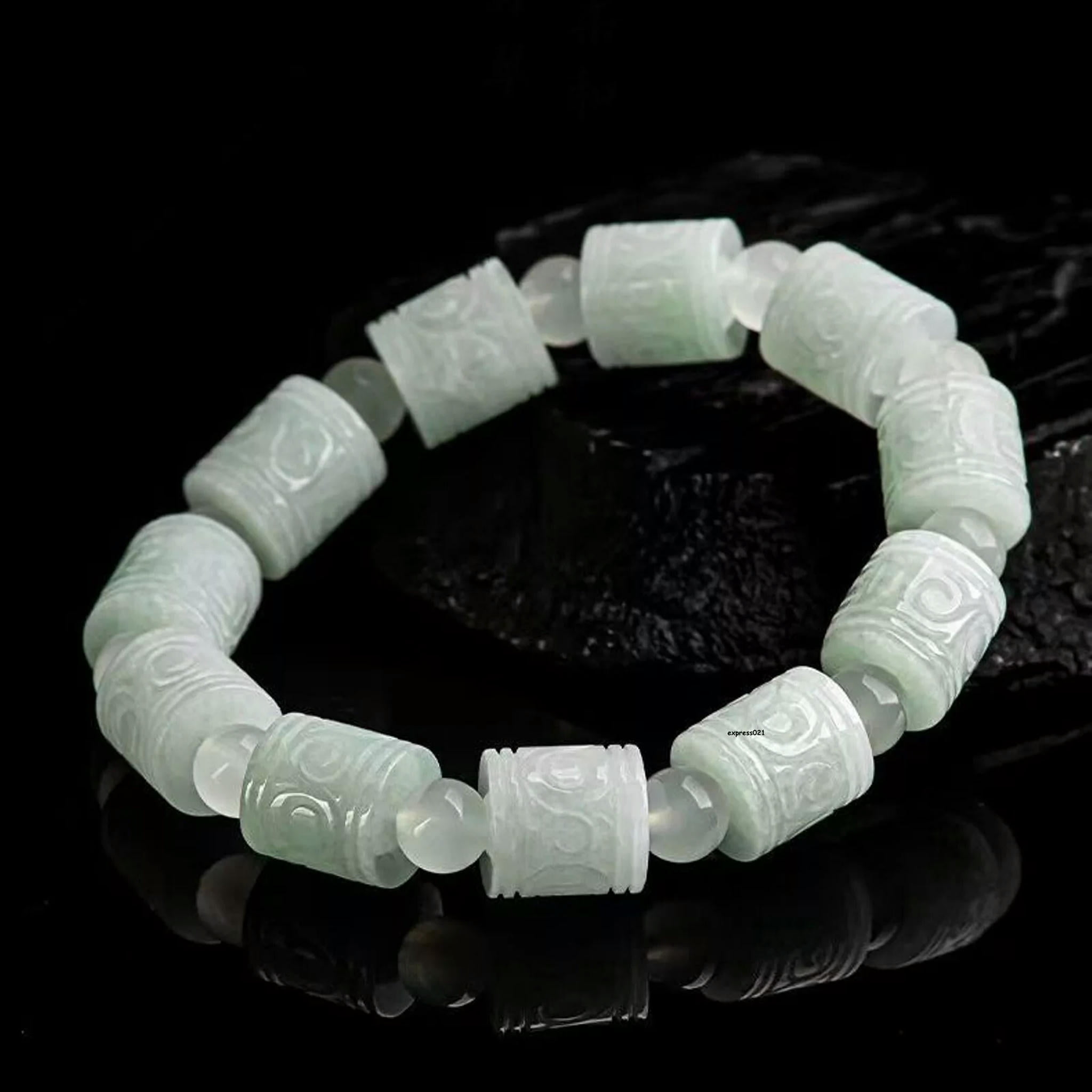 HOOUN Natural Grade A Jade Jadeite Men Women Lucky Carved Column Round Bead Bracelet