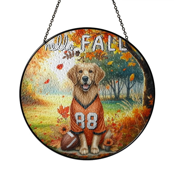 Hello Fall Golden Retriever Football Welcome Autumn with Leaves Pumpkins Stained Glass Suncatcher Goldens Dog Lover Gifts Idea Window Hanging Sign Decor - 00012