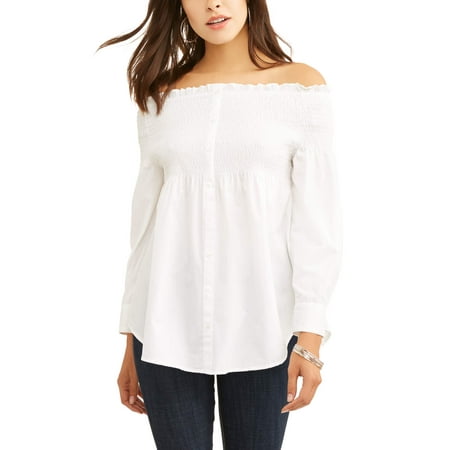 Lace Shoulder Button - Alison Andrews Women's Off the Shoulder Button Front Babydoll Shirt