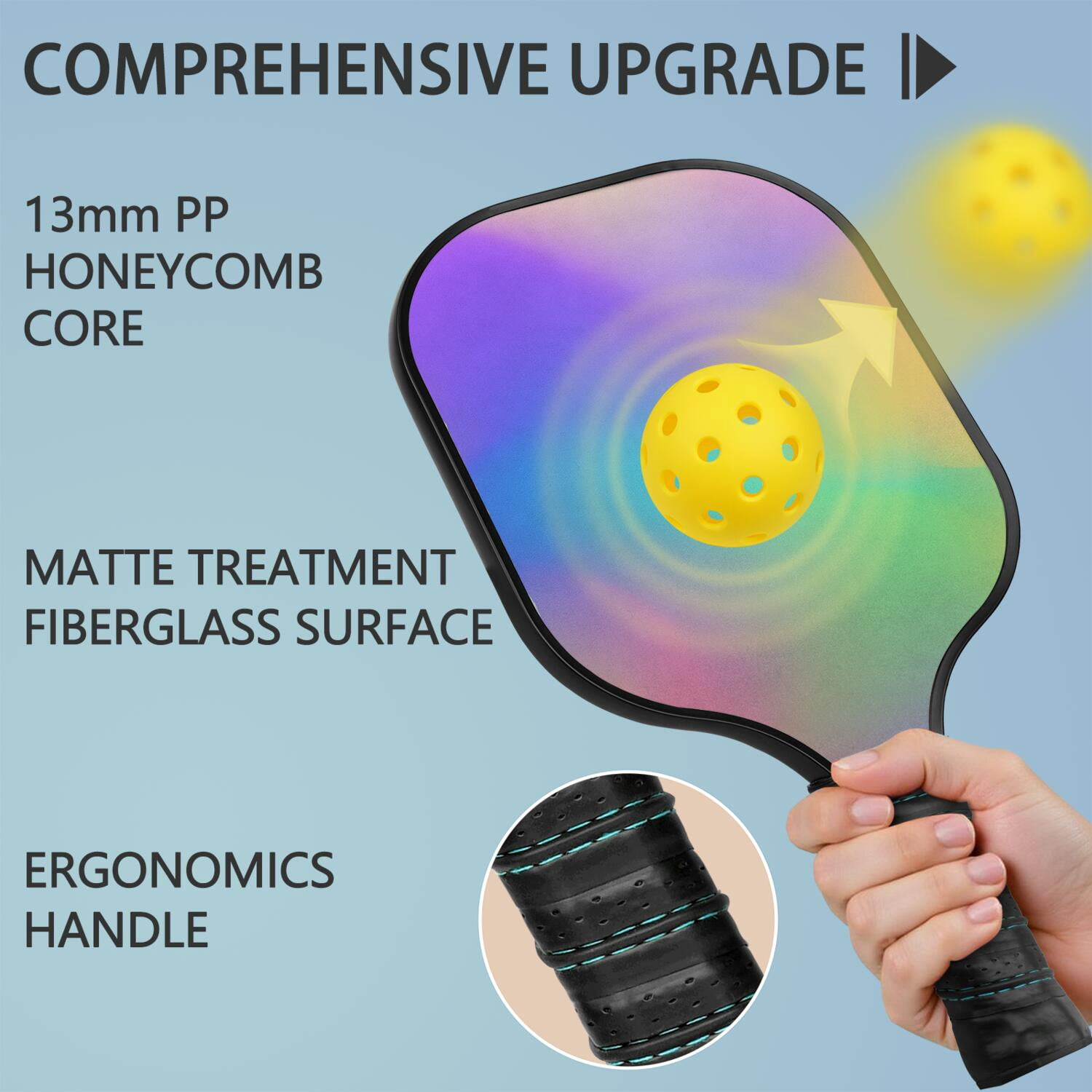 Pickleball Paddles Set Of 1, Fiberglass Surface, Neon Fluid Print, 1 Paddle, 2 Balls & Bag