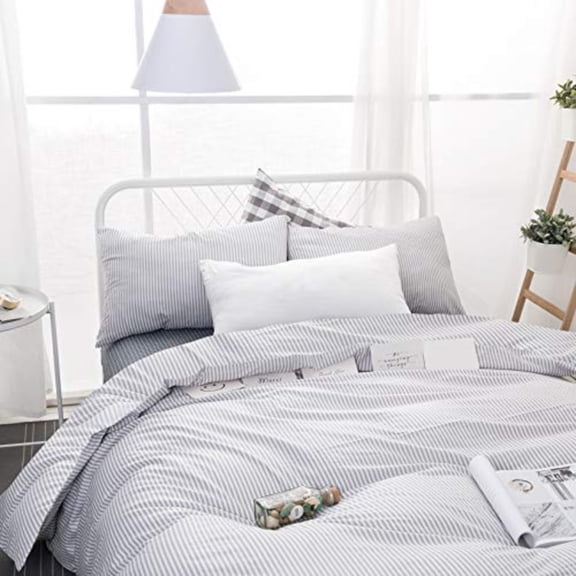 - Striped Comforter Set 100 Cotton Fabric Ticking Stripe Vertical Pinstripe Neutral Farmhouse Aesthetic 3 Pieces Bedding Set Gray Twin/Twin XL Size