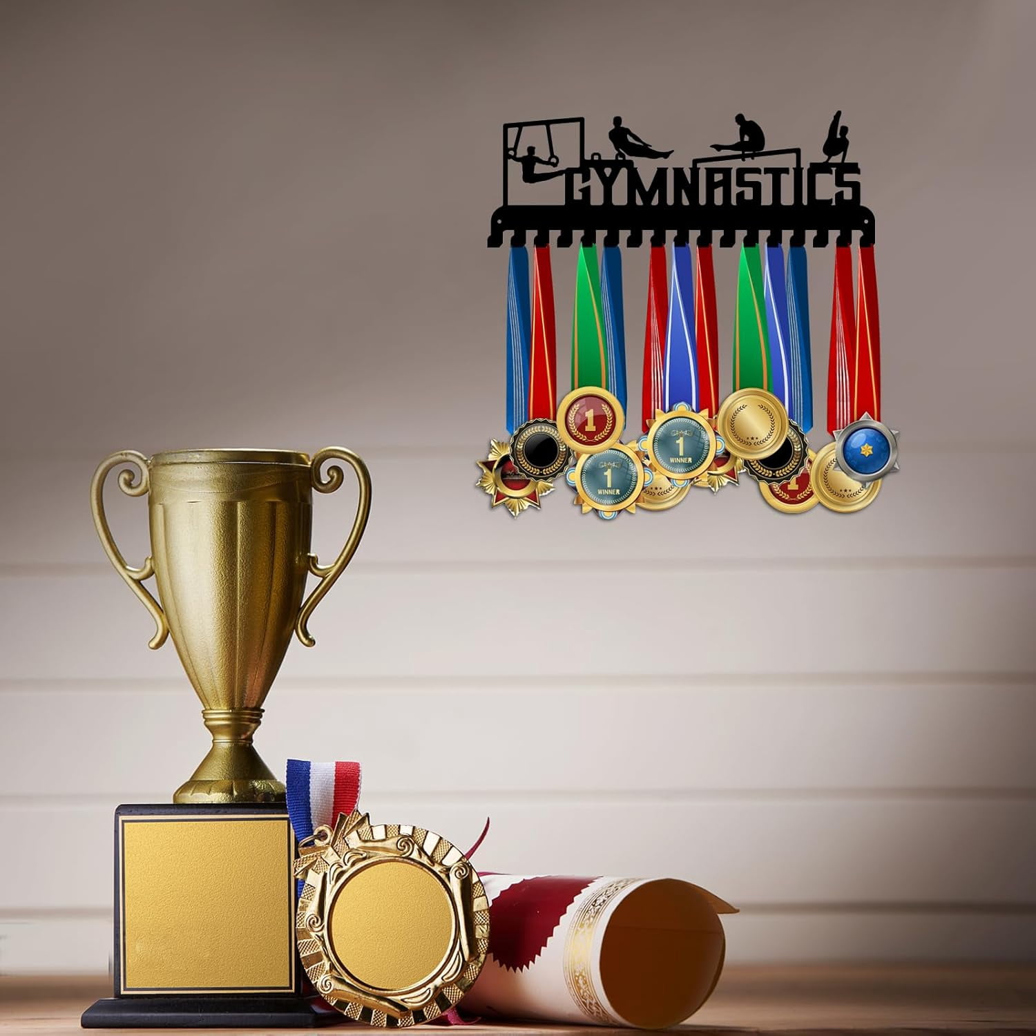 Gymnastics Medal Hanger Medal Display Holder Hanger 17 Hooks Metal Medal Rack Frame Sport Awards Ribbon Holder Personalized Wall Mount Tiered Award Rack for Medals Athletes Men Women 1set