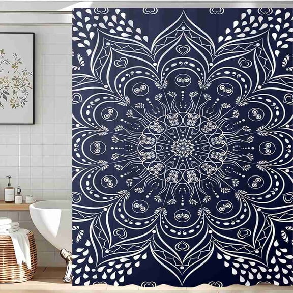 70x70 inch Navy Blue and White Mandala Shower Curtain, Waterproof Polyester Fabric with Hooks for Bathroom Decor