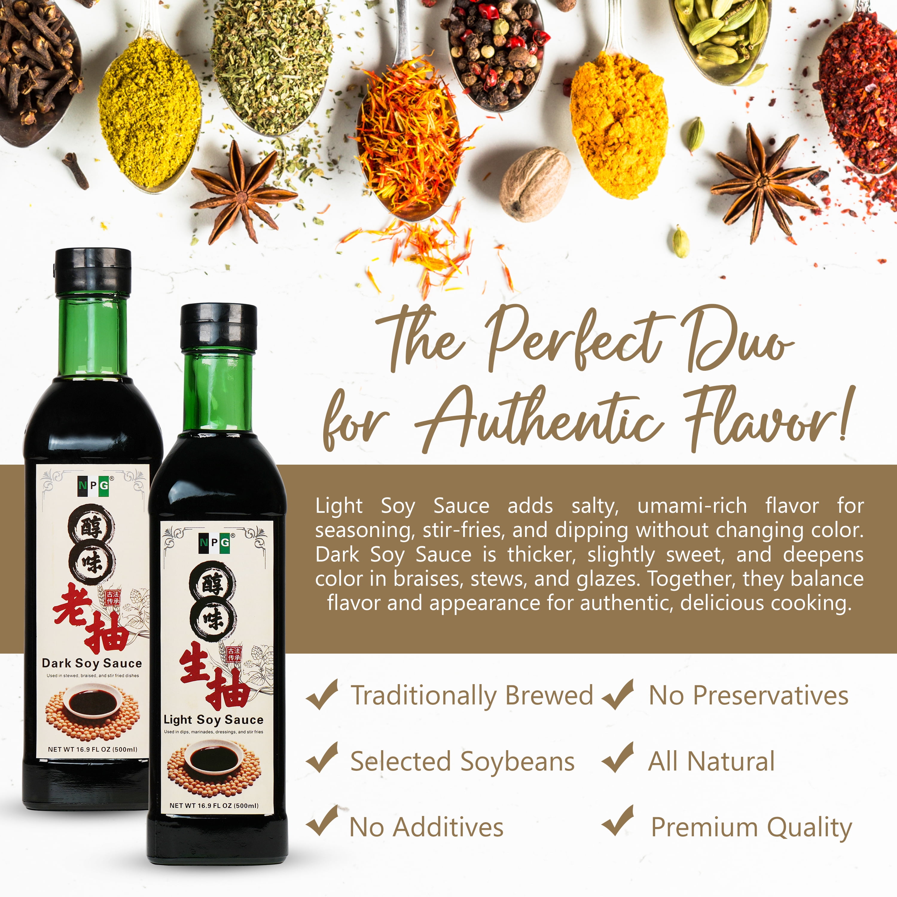 NPG Light & Dark Soy Sauce Set 16.9 fl oz (Pack of 2), Dipping Sauce for Dumplings, Fish, Noodles, Marinades, Stir Fry, Vegan