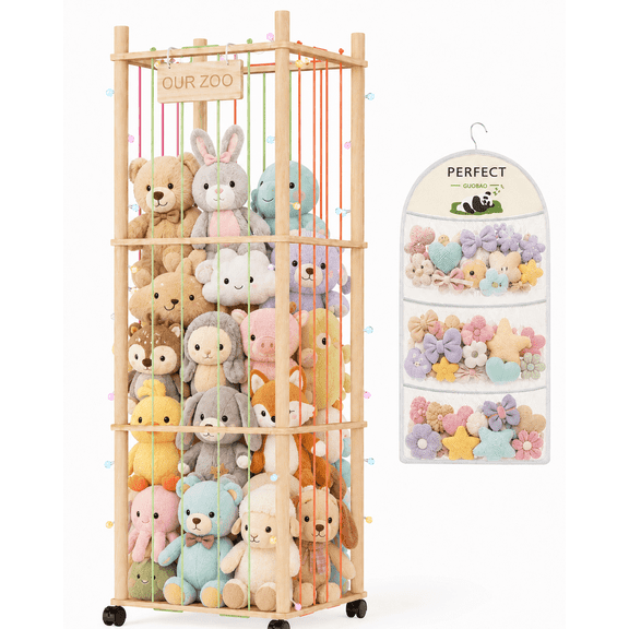 Wooden Stuffed Animal Storage Organizer with Wheels, Rolling Toy Storage Holder with Hanging Bag for Plush Toys Kids Room Playroom Bedroom