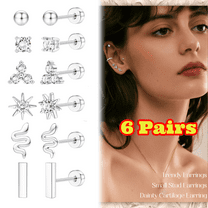 6 Pairs Dainty Flat Back Stud Earrings for Women, Hypoallergenic Stainless Steel Cartilage Earrings, Sliver Conch Helix Piercing Jewelry