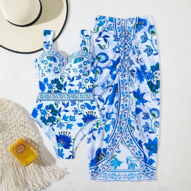 TaTaai Vintage Floral Bikini Set, Women's Ruffle Skirt Swimsuit with Adjustable Support, Two Piece Cover Up for Pool Party Gift