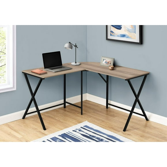 Monarch Specialties Bureau, Bureau À Domicile, Coin, 55"l, Forme De L, Travail, Ordinateur Portable, Métal, Stratifié, Brun, Noir, Contemporain, Moderne