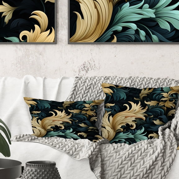 Designart "Flourishes Of Calligraphy In Black And Golden Damask I" Damask Printed Throw Pillow