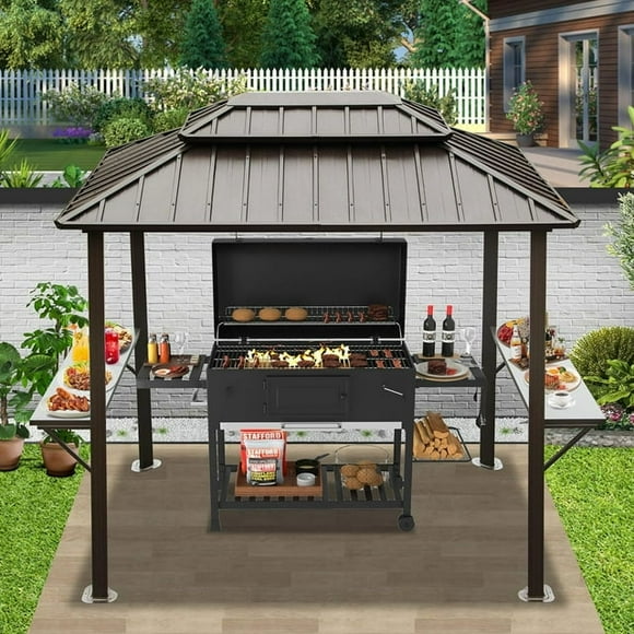 Domi Outdoor Living 8x6FT BBQ Gazebo Outdoor Metal Frame with 2 Side Shelves and Ceiling Hook, Permanent Double Roof Hardtop Gazebos for Patio ,Backyard and Garden (Brown)