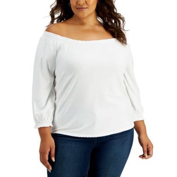 MSRP $57 Style & Co Plus Size Clip-Dot Off The Shoulder Top White Size 0X