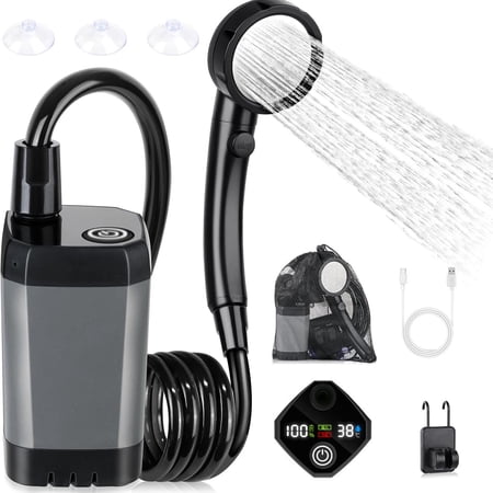 BN-LINK Portable Shower, 6000mAh Rechargeable Camping Shower, LED Display Outdoor Shower for Camping, Beach, Travel, Hiking, Pet Cleaning,Gray