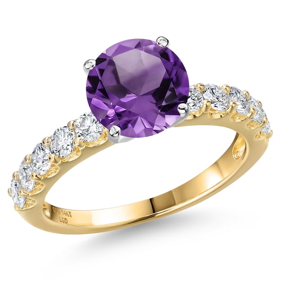 Gem Stone King 14K Two Tone Gold Purple Amethyst and Lab Grown Diamond Engagement Ring for Women | 2.35 Cttw | Round 8MM | Gemstone February Birthstone | Size 9
