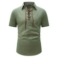thumbnail image 3 of APEXFWDT Boho Vintage Linen Shirt for Men Laced Henley Design Beach Shirt Short Sleeve Summer Casual Shirt XXL,Army Green, 3 of 8