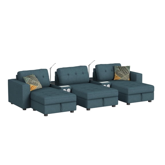 Harleigh 8PC Living Room Set in Palmer Plus Teal with Media Console