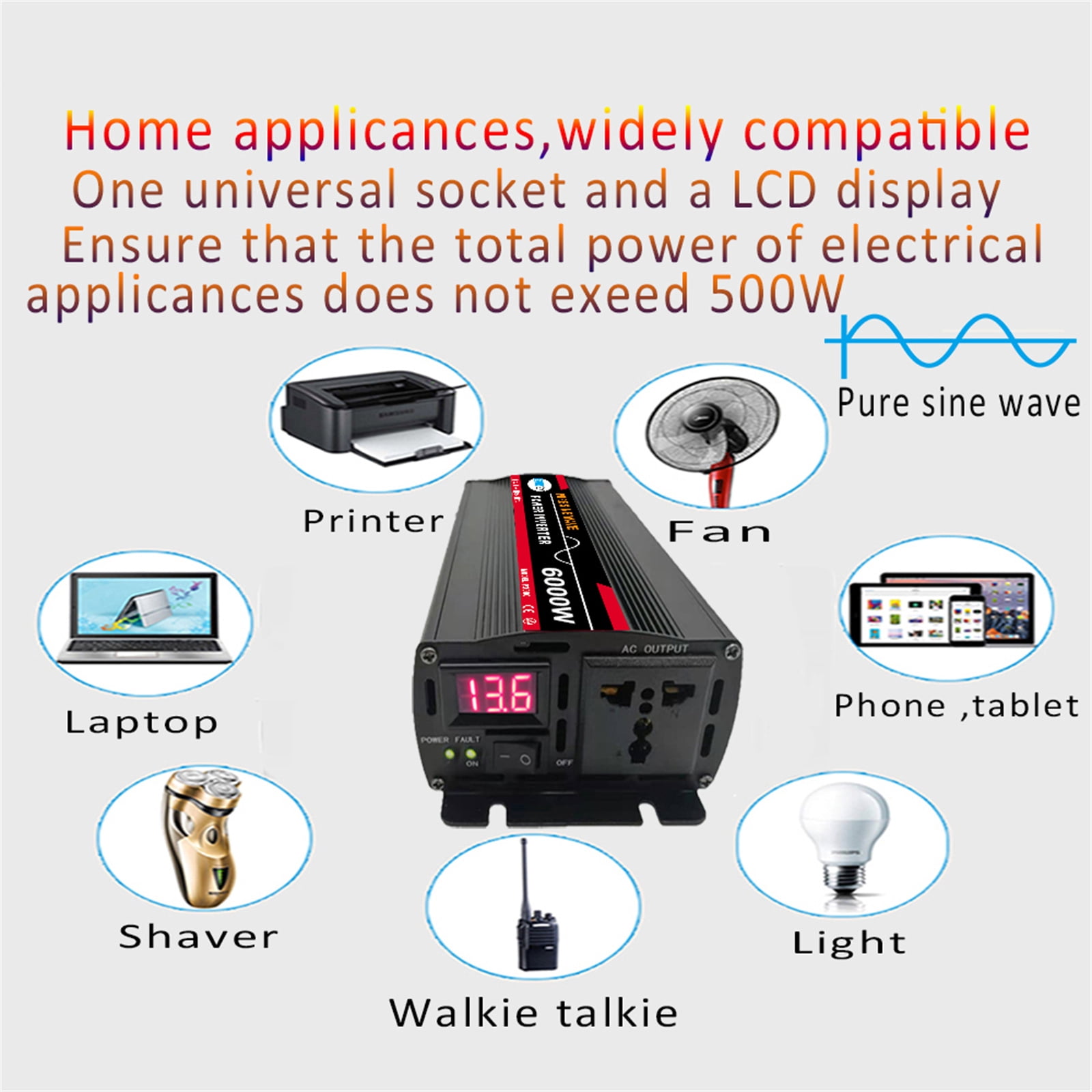 Pure Sine Wave Inverter, 6000W Power Inverter DC 12V to AC 110V Car Battery Power Converter Adapter Solar System/Solar Panel/Home/Outdoor/RV/Camping Wave Power Inverter