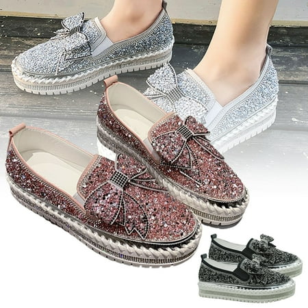 

Porfeet Women Bowknot Rhinestones Low Top Platform Sneakers Walking Loafers Nurse Shoes Black 39