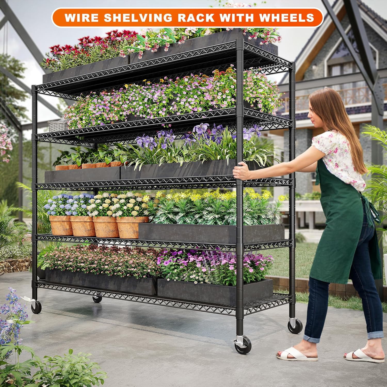 Sailvan 5-Tier Heavy Duty Metal Storage Rack, 60"W x 24"D x 82"H, 2400LBS Capacity Adjustable Wire Shelving Unit with Wheels for Garage Pantry,Black