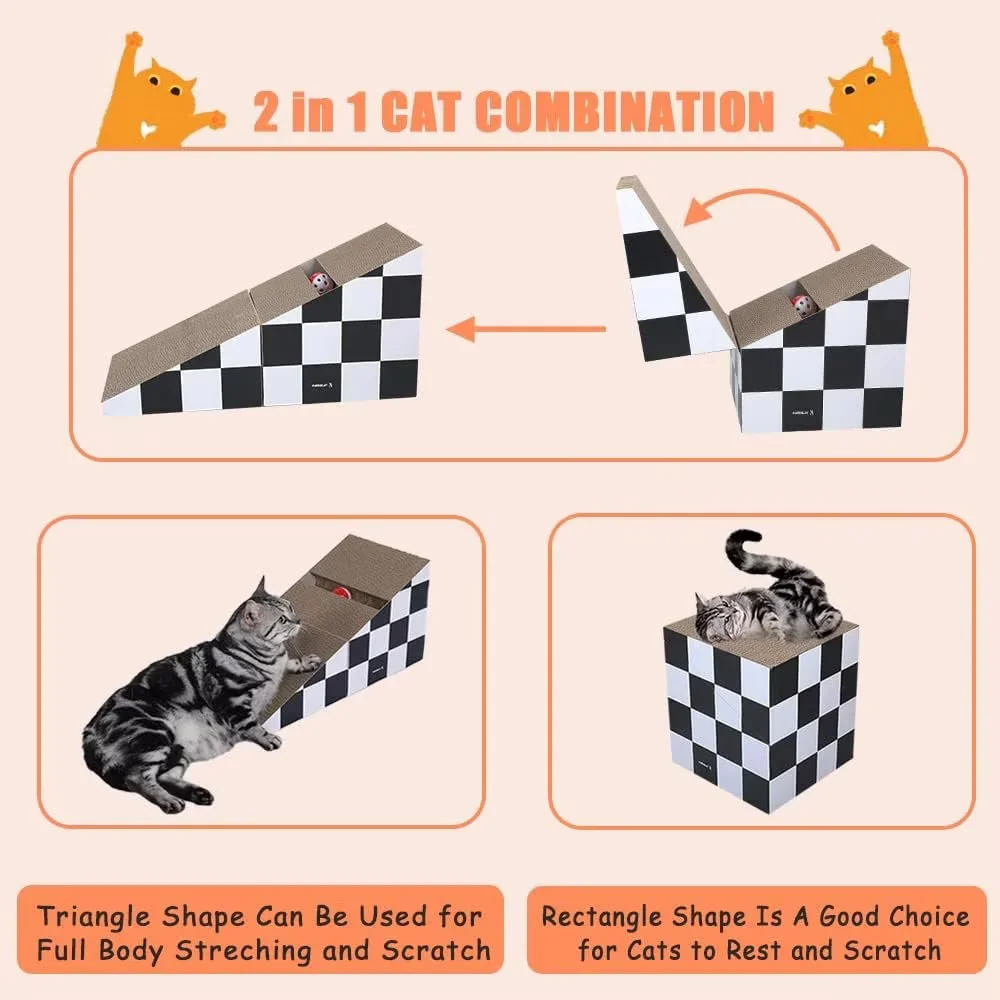 FluffyDream Cat Scratching Board with Ball, Triangle Cat Scratching Cardboard, Multiple Scratching Angles, 2-in-1 Scratching Lounge Bed, Recyclable and Durable, Furniture Protector, Black and White