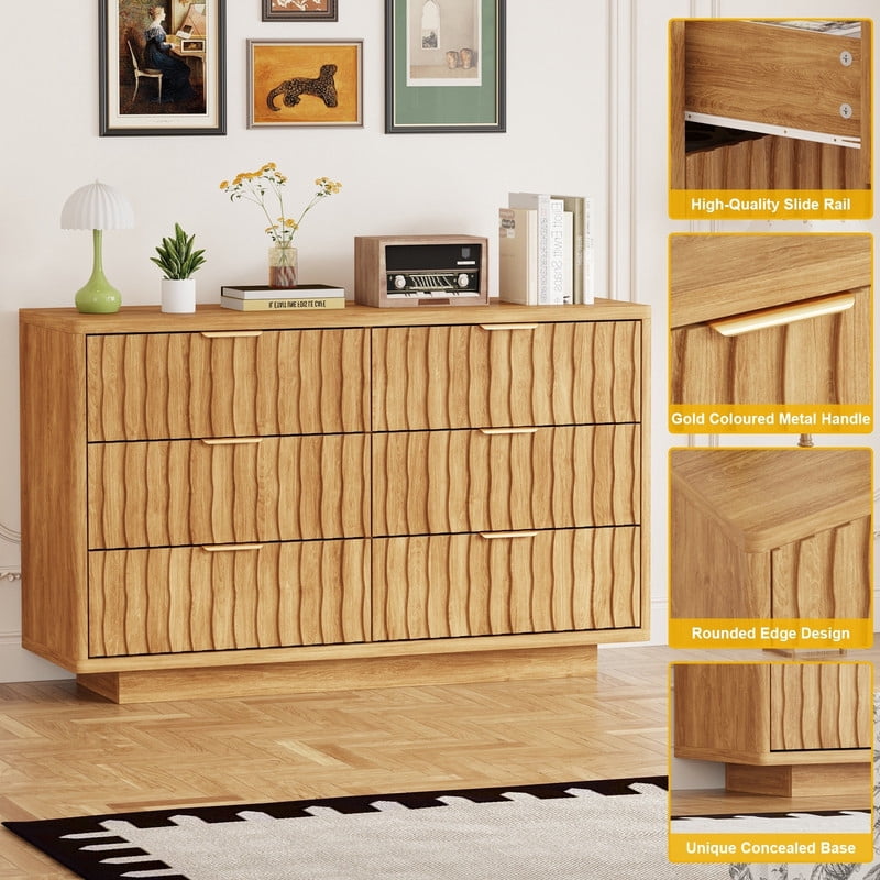 Fluted 6 Drawer Dresser for Bedroom, Wide Modern Chest of Drawers with Metal Handle, Curved Profile Design, Wood Closet Clothes Storage Organizer for Bedroom, Living Room, Hallway