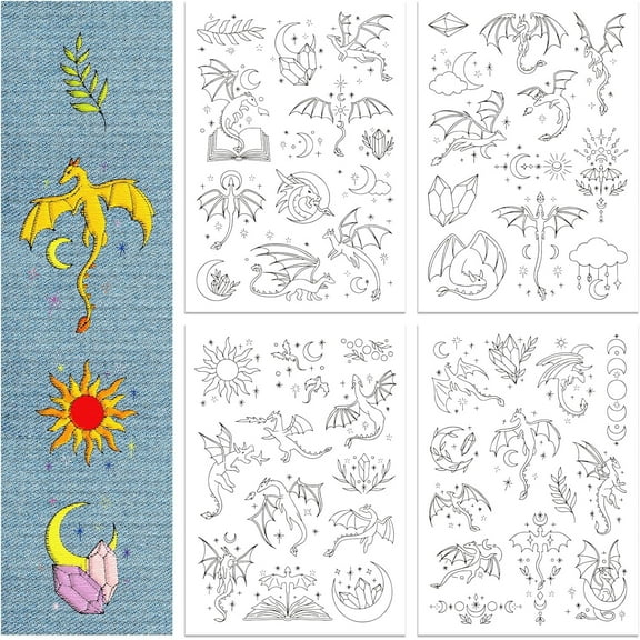 1Set 4Sheets Dragon Water Soluble Embroidery Stabilizer Stars Hand Sewing Stabilizers Self Adhesive Washable Stick and Stitch Embroidery Stabilizer for Embroidery Beginners Cloth