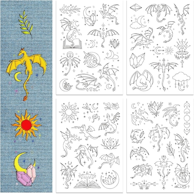 4 Sheets Dragon Water Soluble Embroidery Stabilizer Stars Hand Sewing Stabilizers Self Adhesive Washable Stick and Stitch Embroidery Stabilizer for Embroidery Beginners Cloth