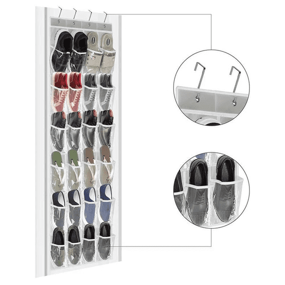 24 Pocket Hanging Shoe Organizer, Over Door Shoe Storage Organizer with Clear PVC Pockets, Space Saving Closet Organizer for Shoes, Slippers, Sneakers, Toys, Accessories & Household Storage