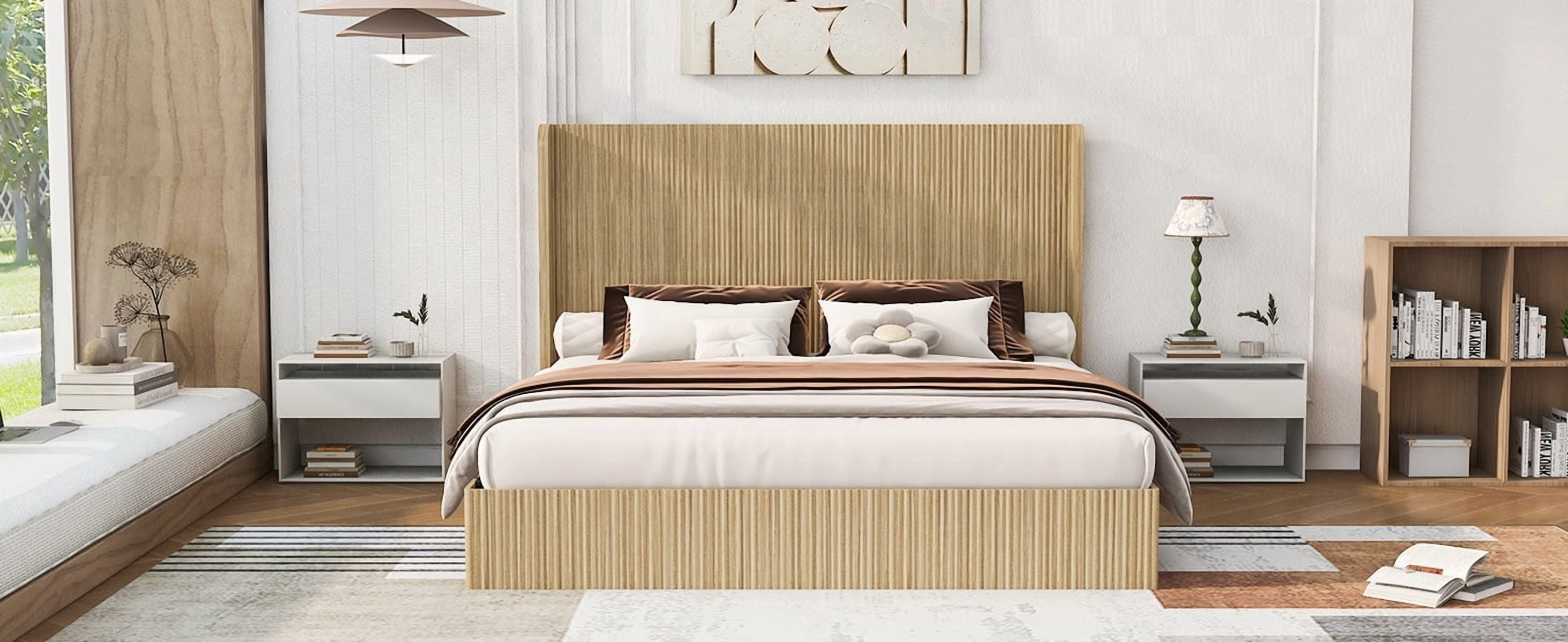 Mintazer King Size Vertical Fluted Platform Bed with Tall Wing Headboard, Low Profile Platform for Bedroom & Guest Room, No Box Spring Needed, Natural