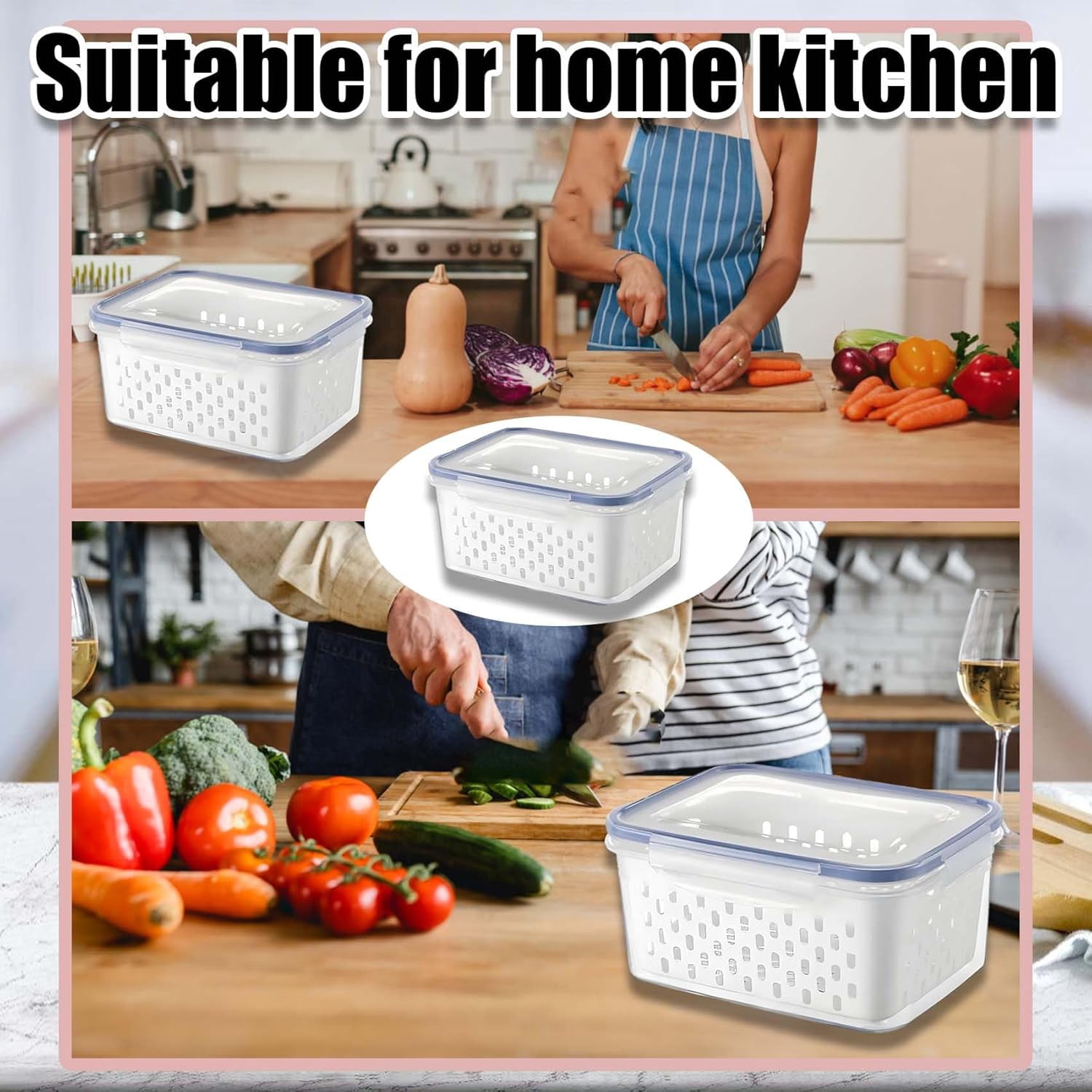 Household Transparent Plastic Food Storage Box-Including Drain Basket, Produce Storage Box with Drain Basket (Gray*Large)