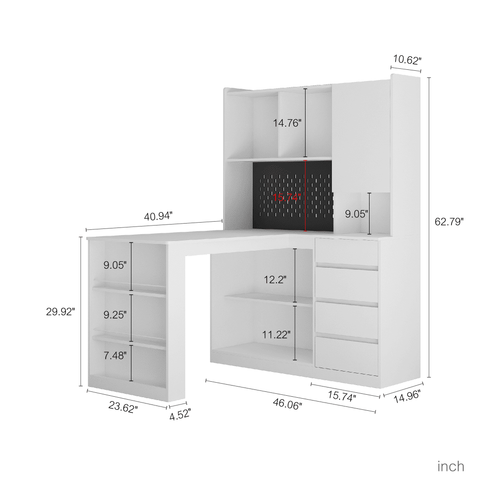 Tcbosik L-Shaped Corner Desk with LED Lights and Charging Station, Computer Desk with Hutch, Bookshelf & Pegboard, Writing Table with Shelf, Door and 4 Drawers for Home Office, White