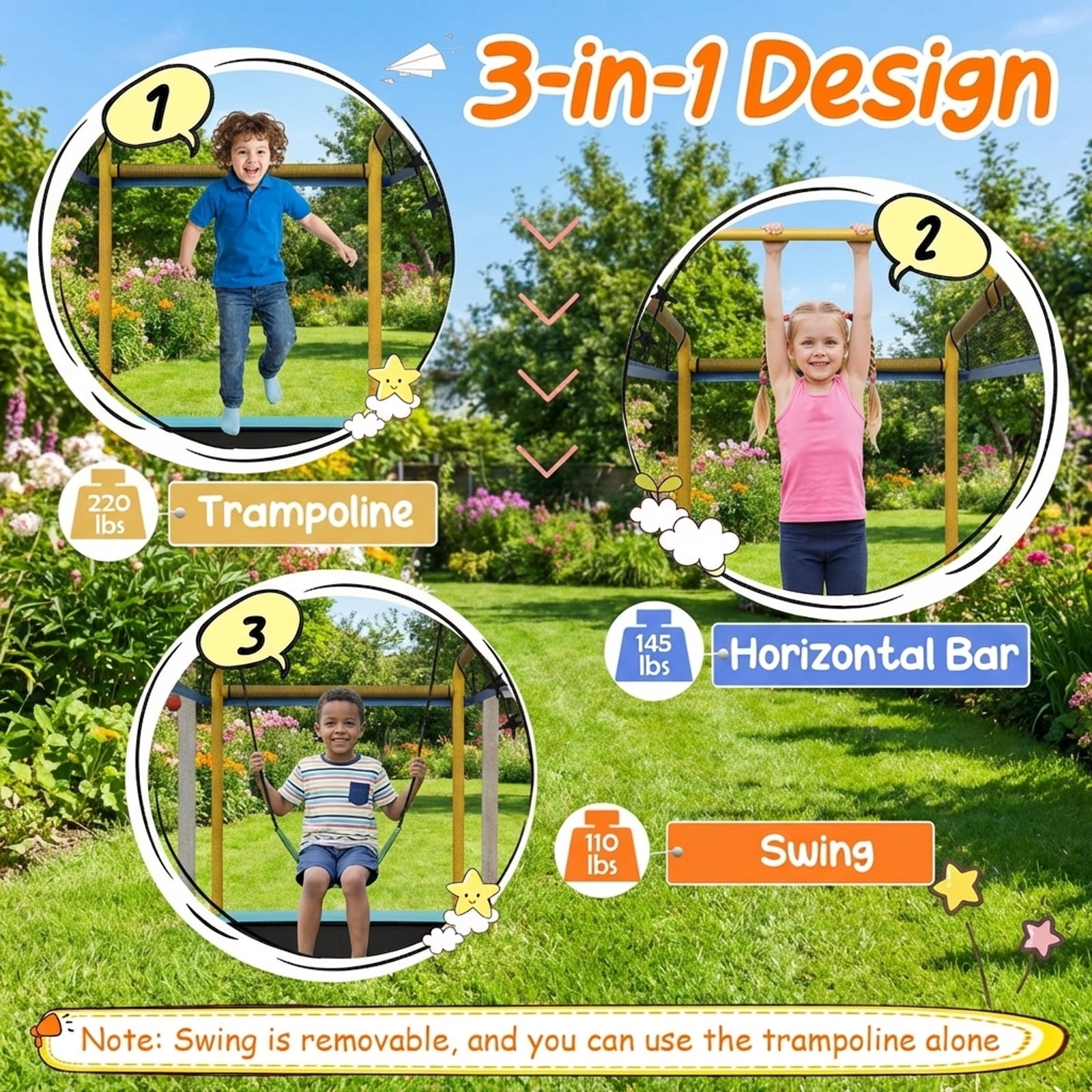 Redsmile 6 Feet Rectangle Trampoline with Swing Horizontal Bar and Safety Net-Yellow - Premium PE Safety Enclosure for Kids Outdoor Play