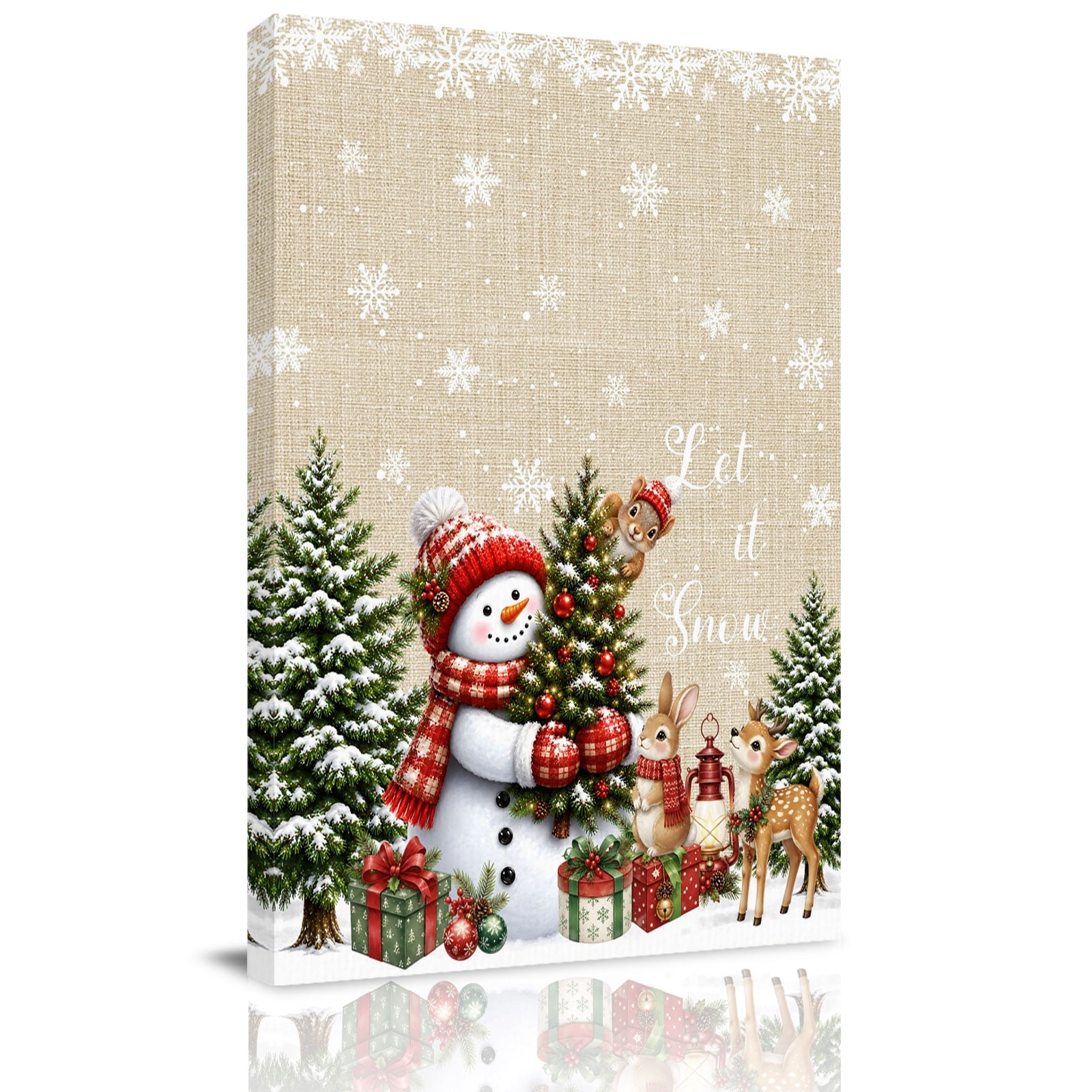 Canvas Wall Art Christmas Framed Canvas Prints for Kitchen Bedroom Xmas Snowflake Snowman Pine Trees Gifts Elk Beige Small Gallery Wrapped Wall Decor for Home Office Gifts 8 x12 Ship Next Day