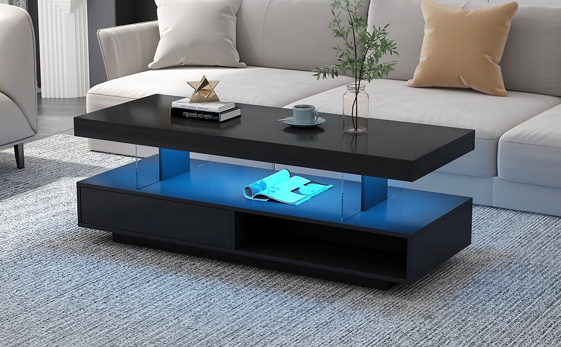 Euroco LED Coffee Table with Storage and Display Shelves, Modern Black Center Table with 2 Drawers and 16-Color LED Lights for Living Room