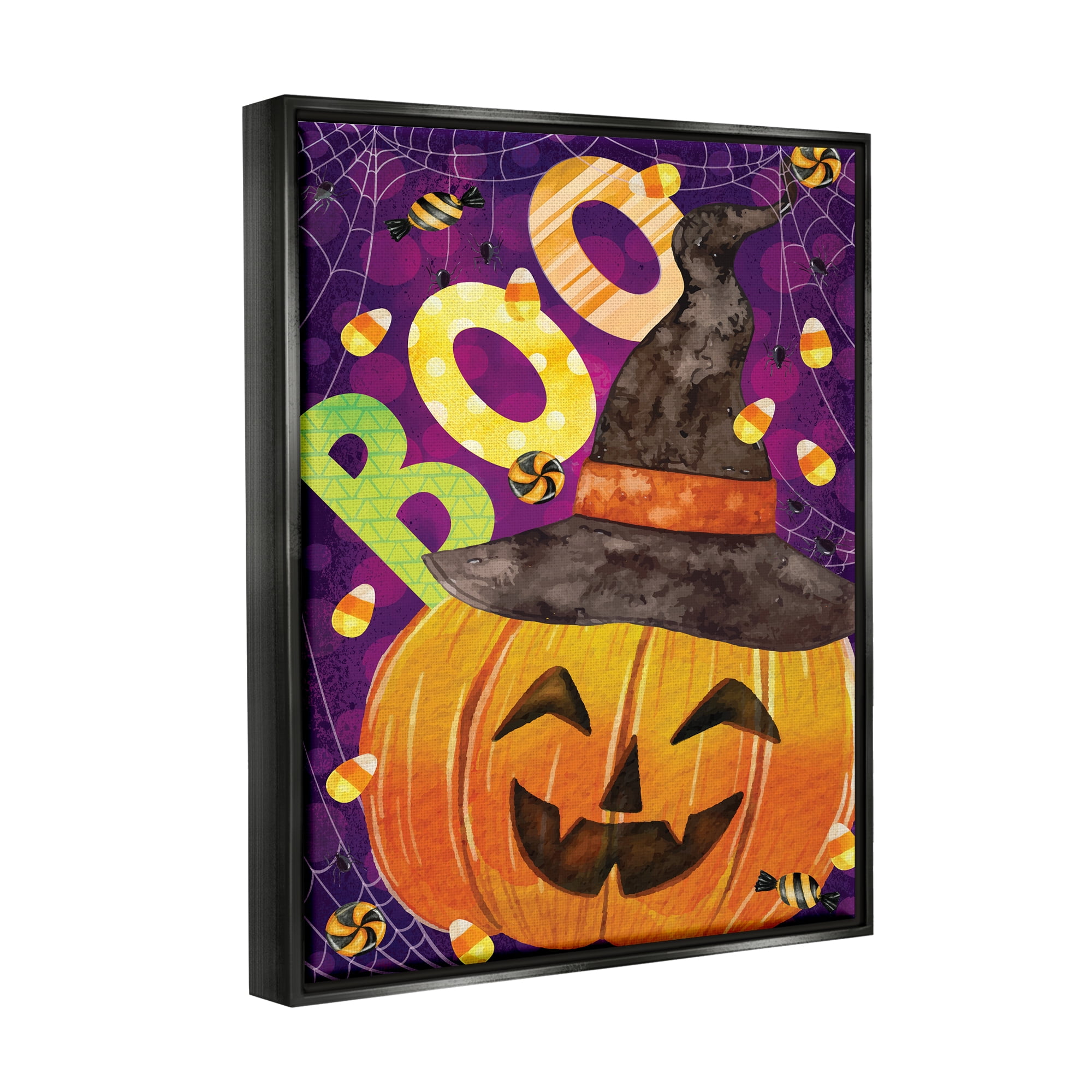 Stupell Industries Boo Jack-o-Lantern Halloween Candy Holiday Painting Black Floater Framed Art Print Wall Art